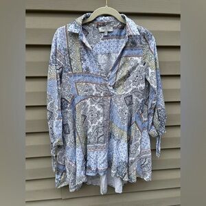 Anthropologie Patchwork Long Sleeve Top - Blue and Gray